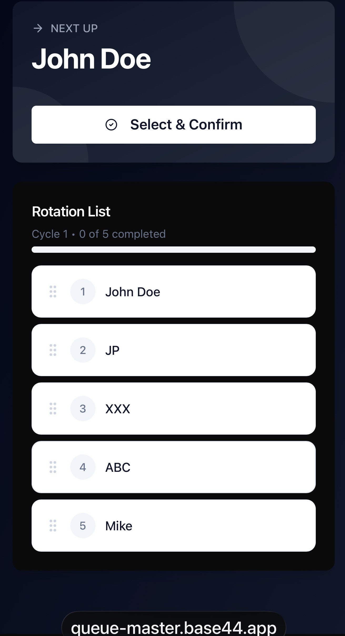 QueueMaster app interface showing next up and rotation list
