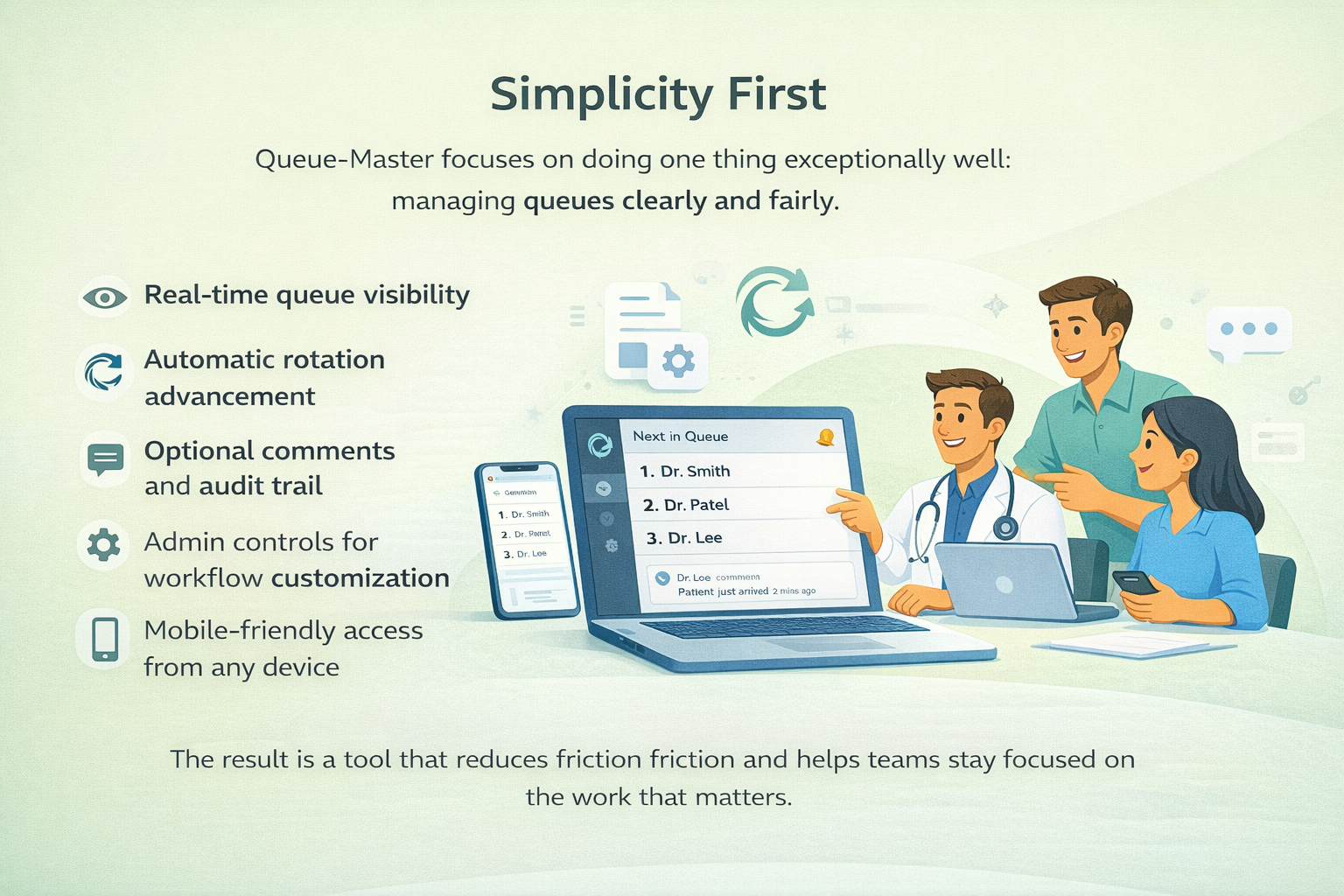 QueueMaster interface with next up card and rotation list